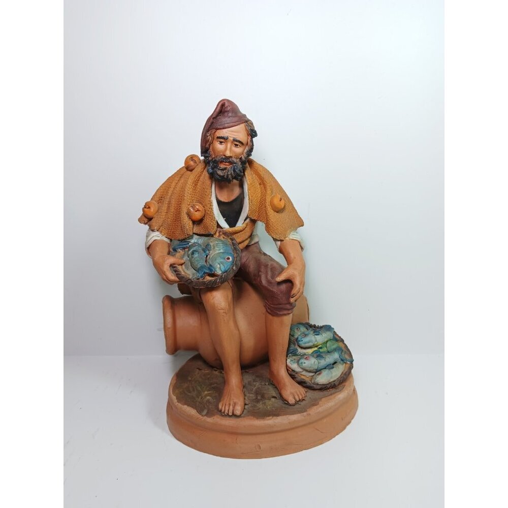 1970s Hand Sculpted Painted Polychromed Clay Terracotta Italian Fisherman Signed